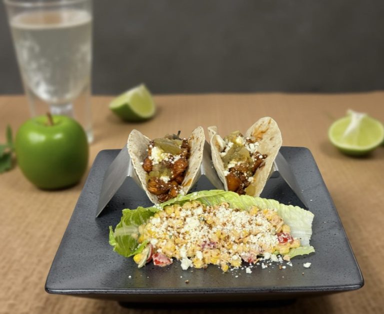 Shrimp tacos and elote salad