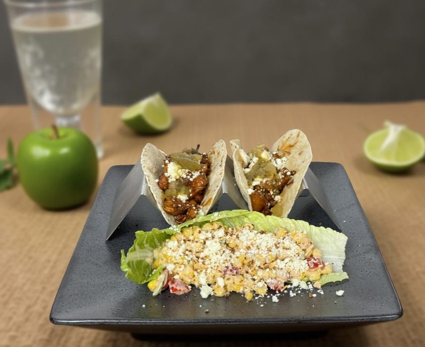 Shrimp tacos and elote salad